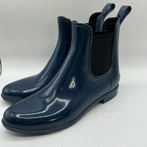 J Crew Rain Boots Chelsea Navy Blue Solid Pull On Rubber Ankle Heeled Waterproof